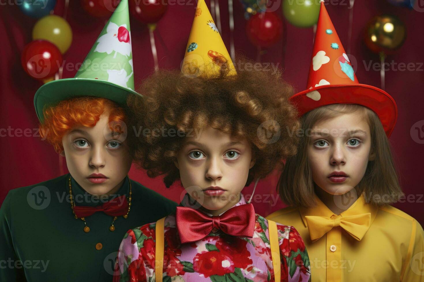 AI generated children dressed as clowns at a birthday party. generative ai photo