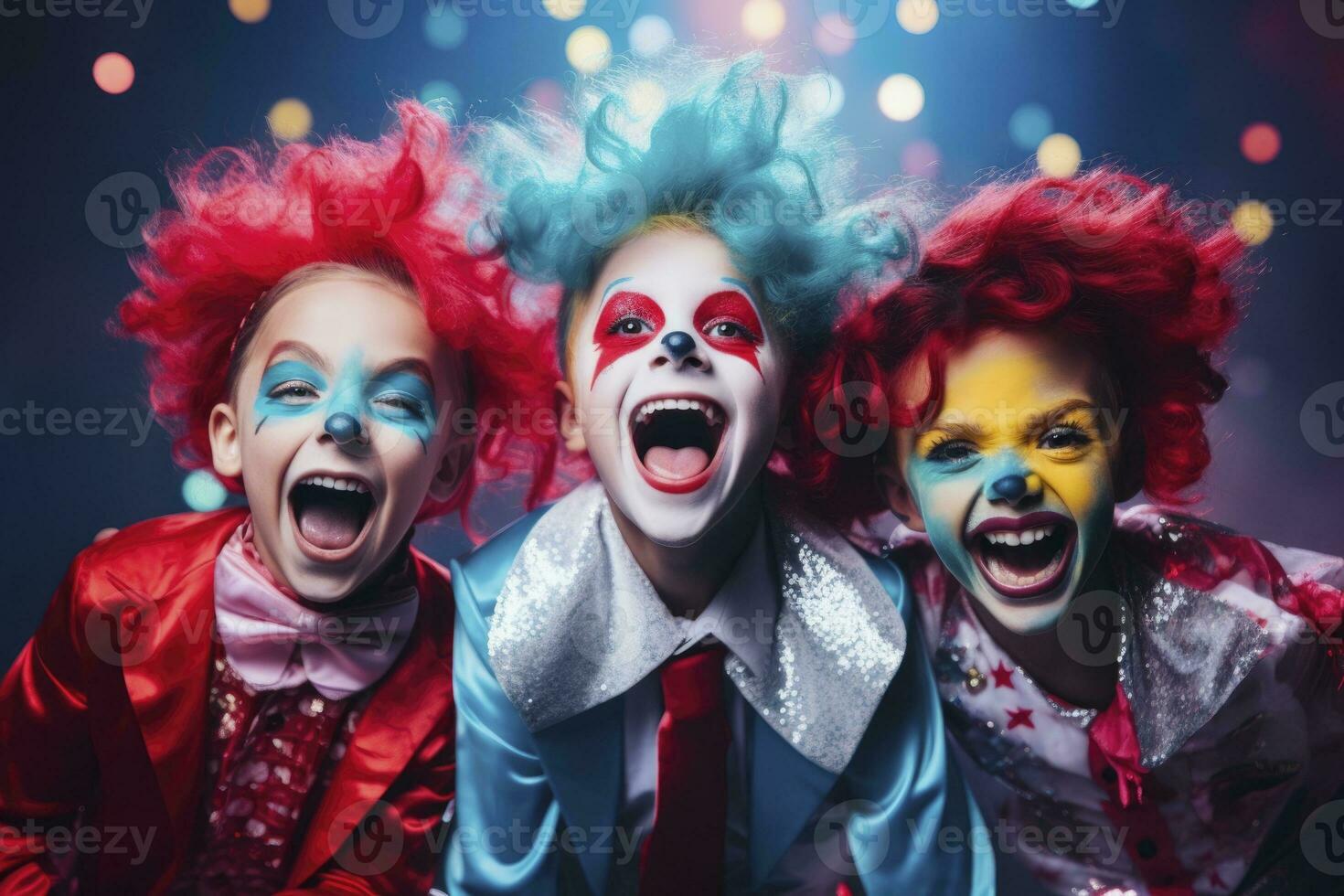 AI generated children dressed as clowns at a birthday party. generative ai photo