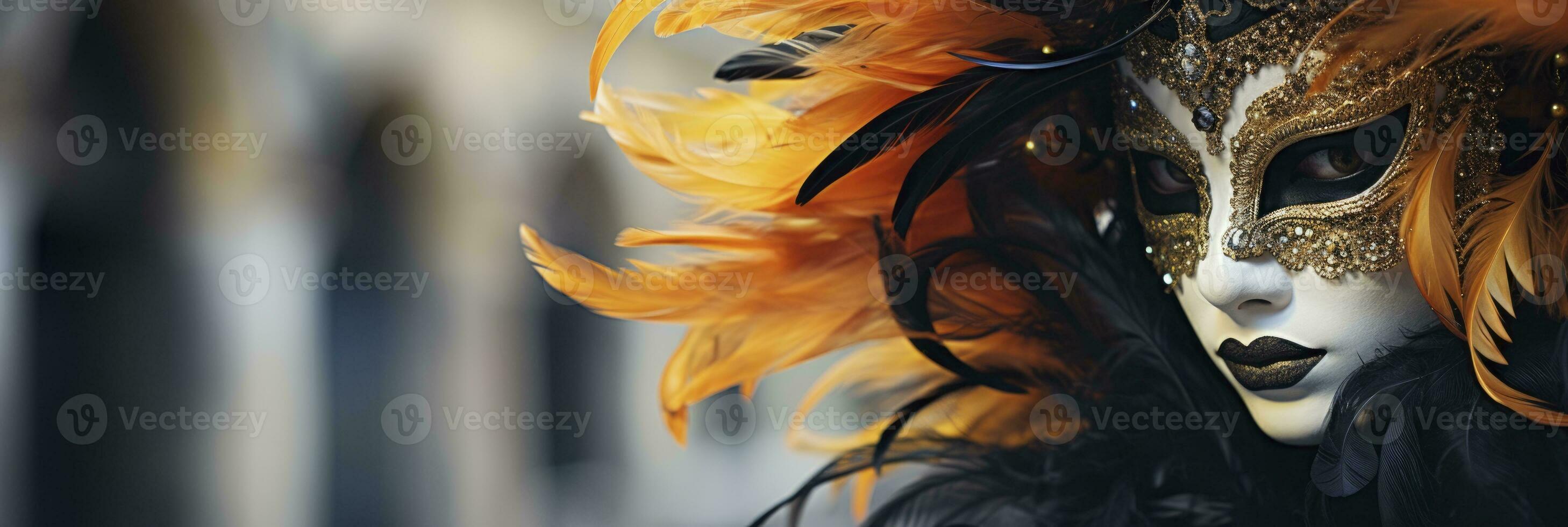 AI generated a woman in a mask and feathers at Venice. generative ai photo