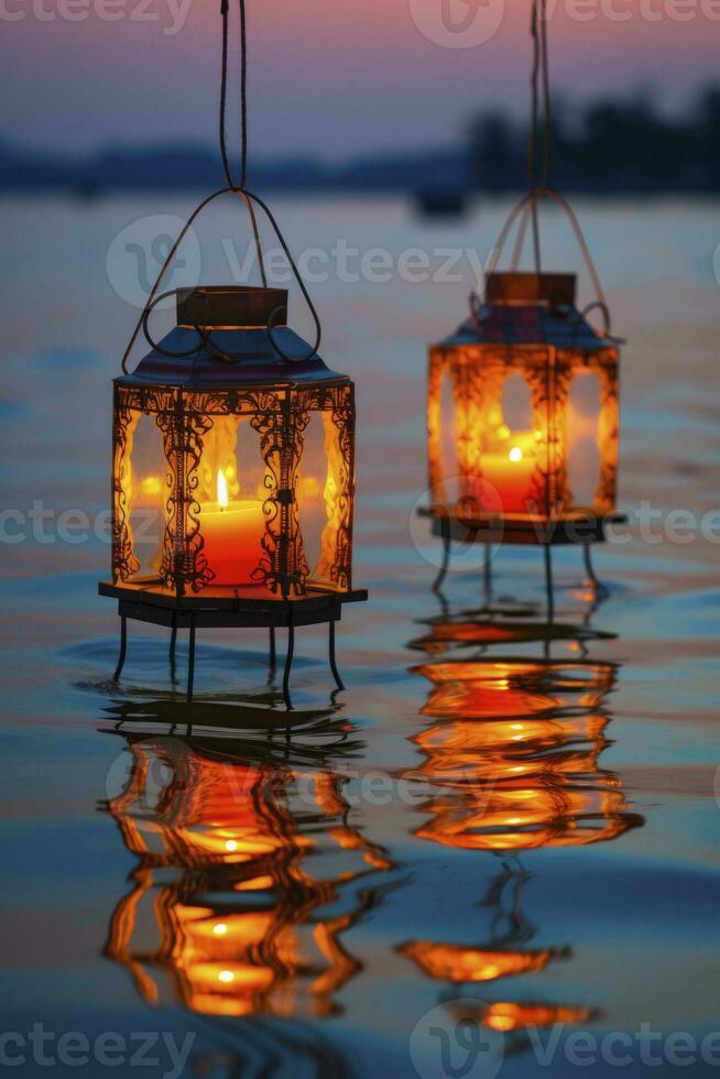 AI generated lanterns over the water during sunset. generative ai photo