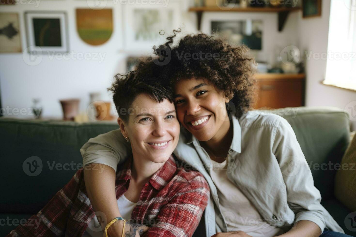 AI generated two women sitting on the couch together hugging. generative ai photo