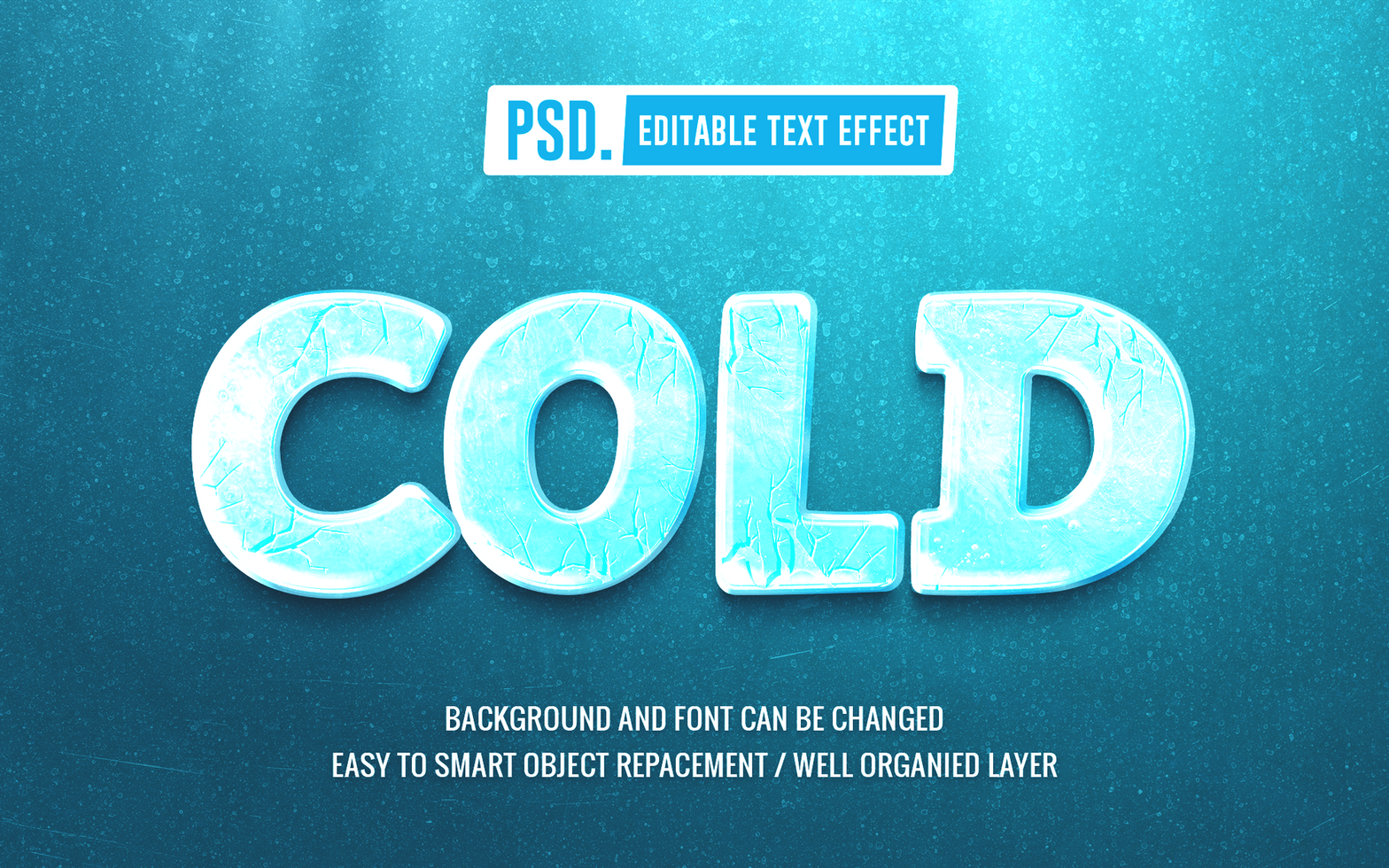 cracked cold glass text effect with editable ocean blue background psd