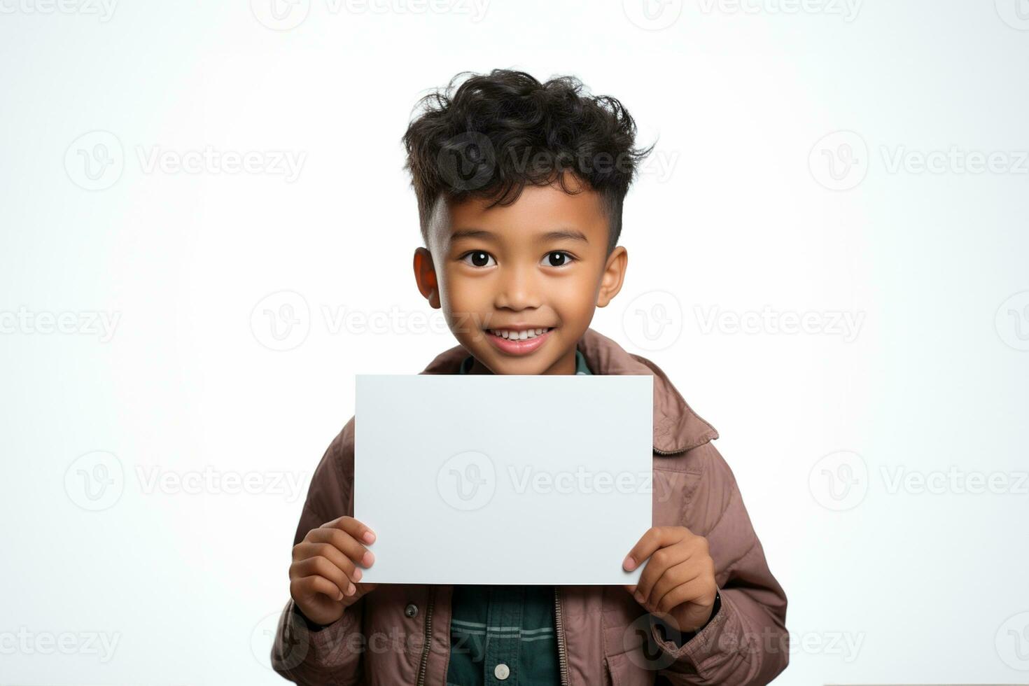 AI generated An Asian boy holding a white placard isolated on white background photo