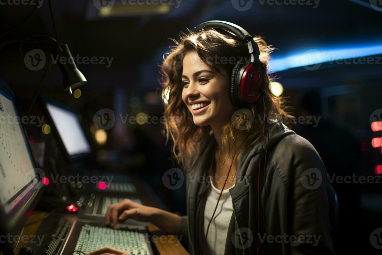 ai generado joven radio deejay sonriente y contento con su trabajo foto