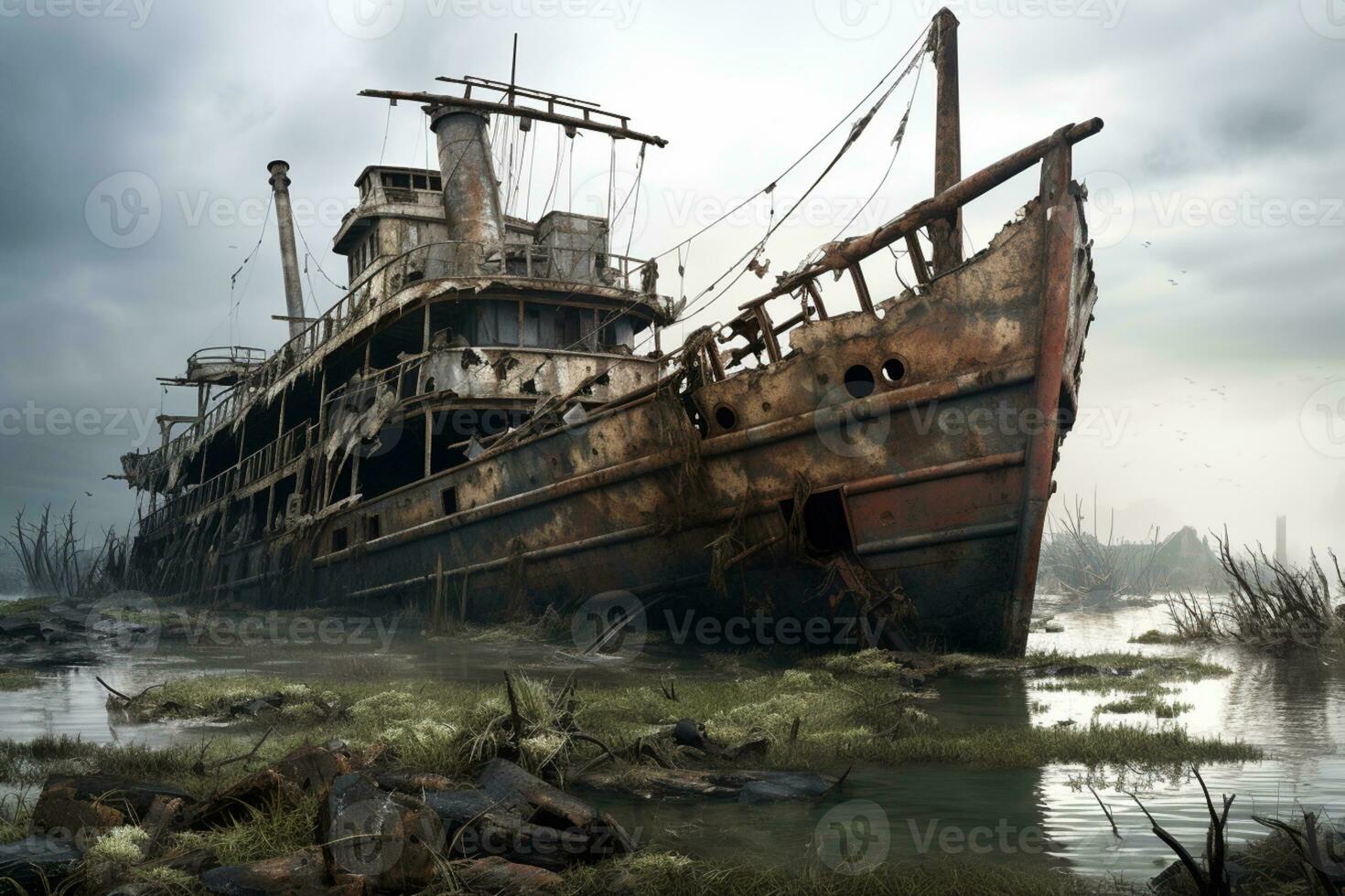 AI generated Abandoned and wrecked ship with gloomy surrounding photo