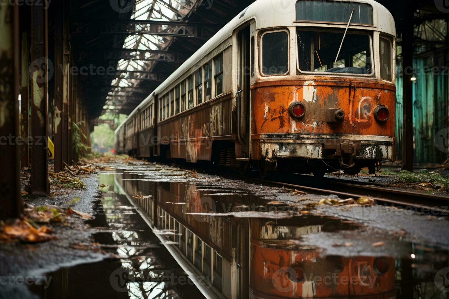 AI generated Abandoned train station with gloomy and shatterd windows photo