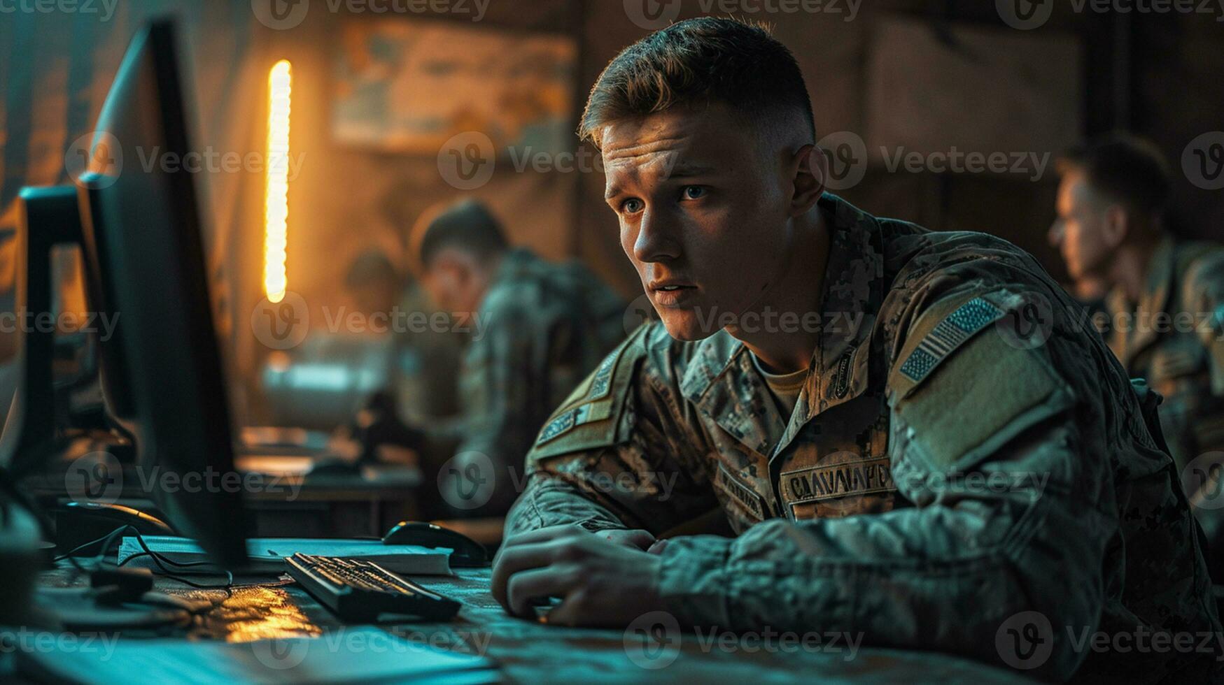 AI generated Military personnel observing war on a command room photo