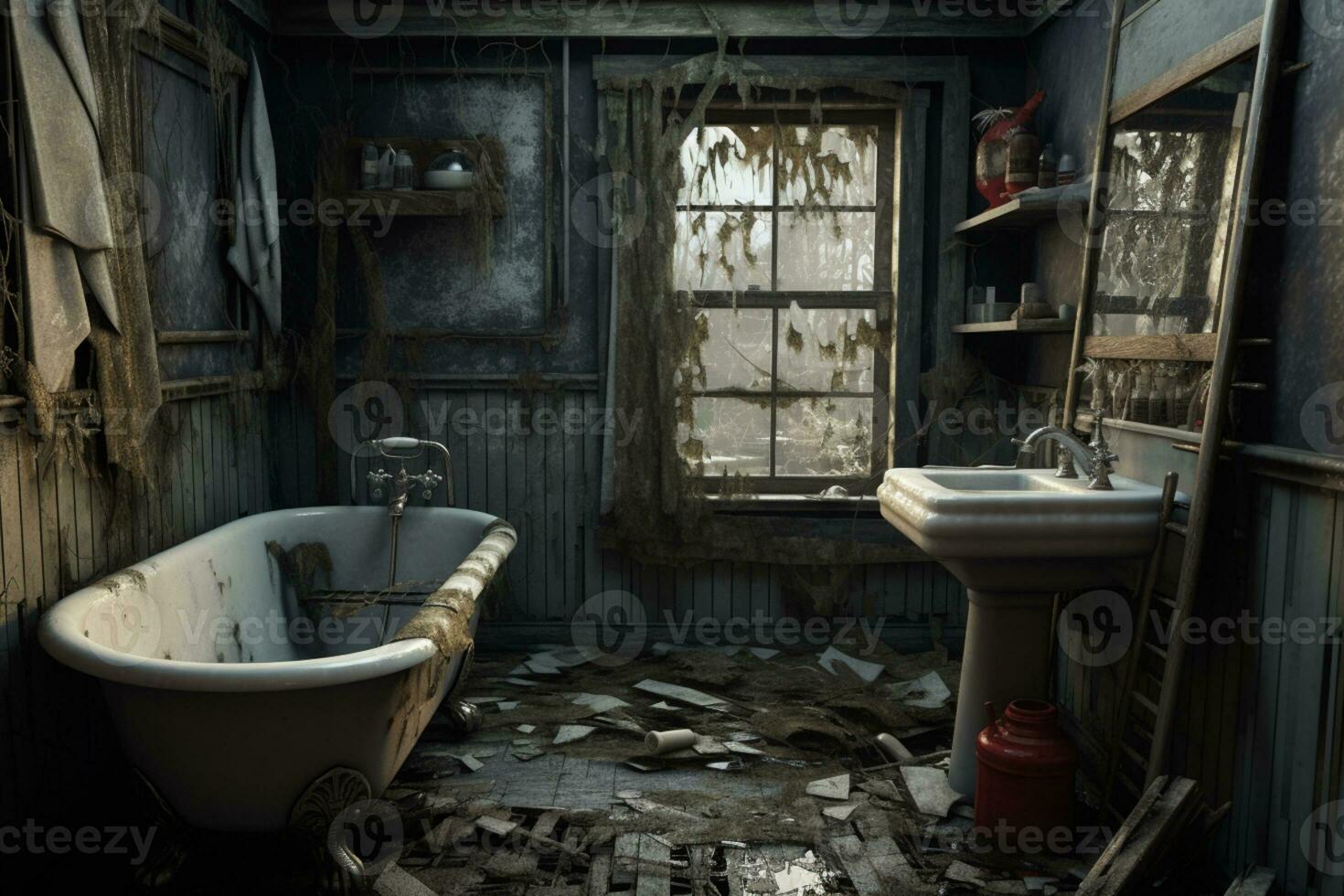 AI generated Abandoned old bathroom with rusted wall photo