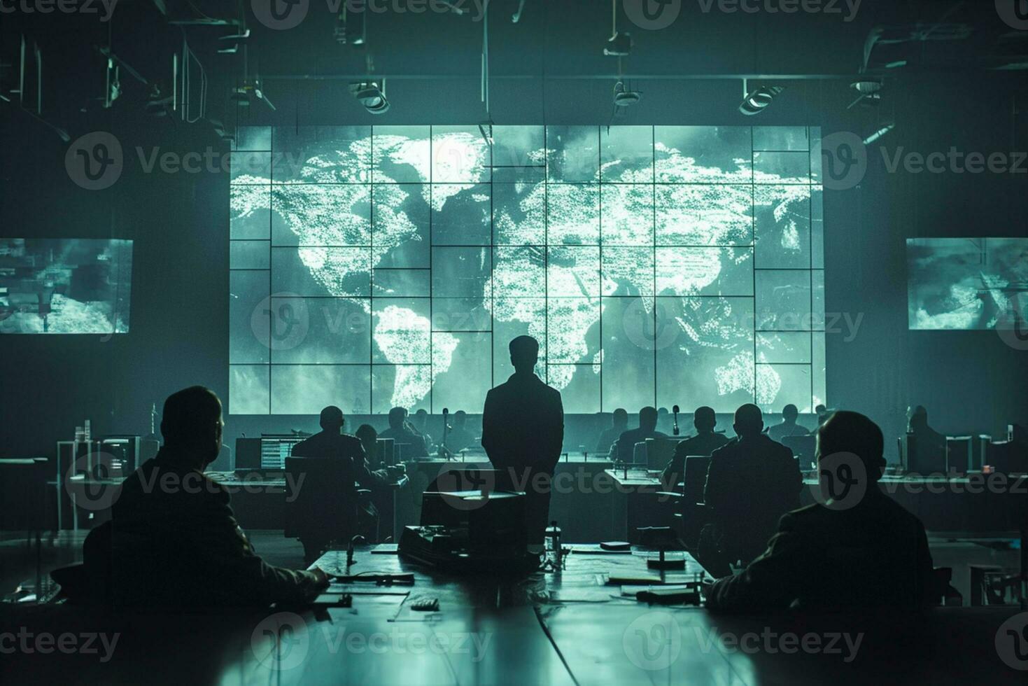 AI generated Military personnel observing war on a command room photo