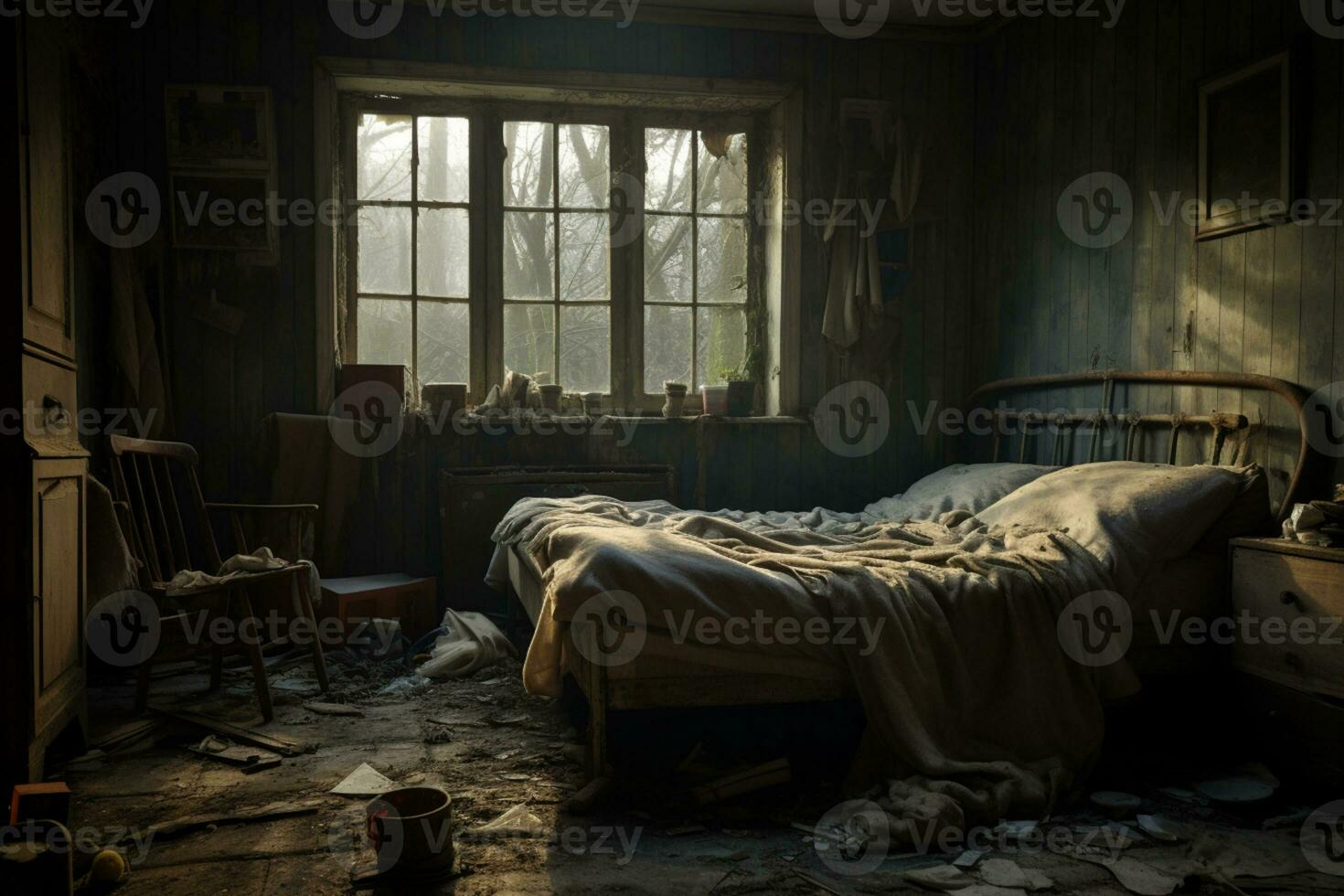 ai generado abandonado antiguo estilo dormitorio con roto mueble foto