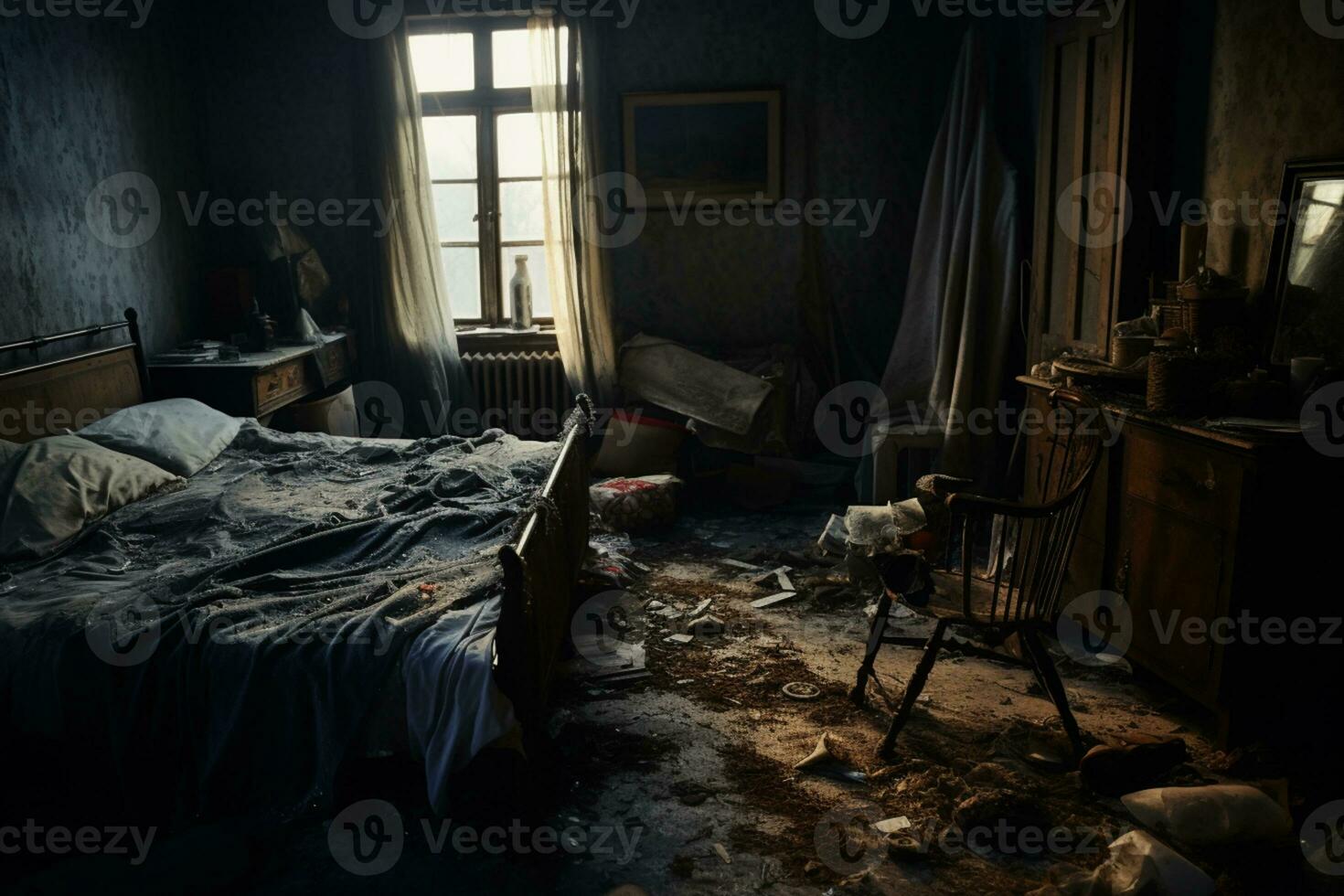 ai generado abandonado antiguo estilo dormitorio con roto mueble foto