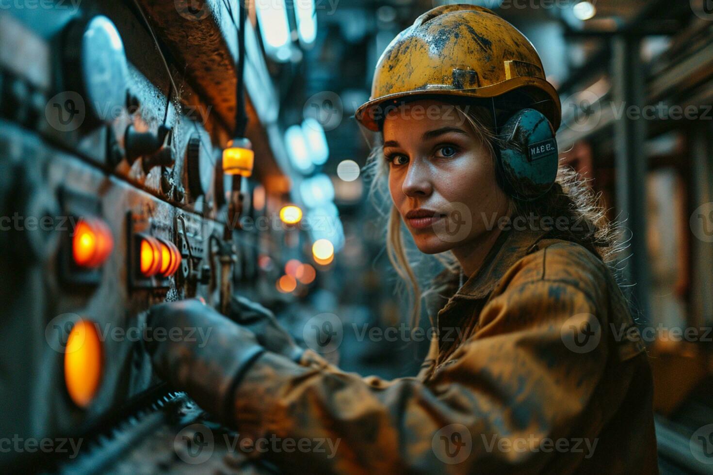 AI generated close up view of an engineer working at his station at a steel factory photo