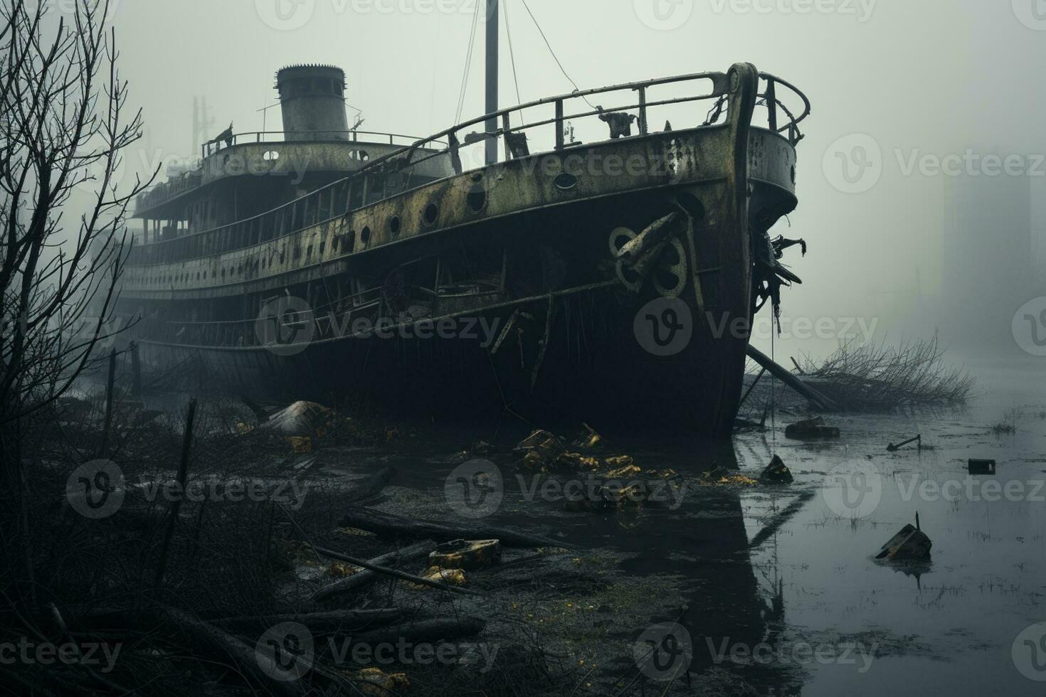 AI generated Abandoned and wrecked ship with gloomy surrounding AI Generated photo