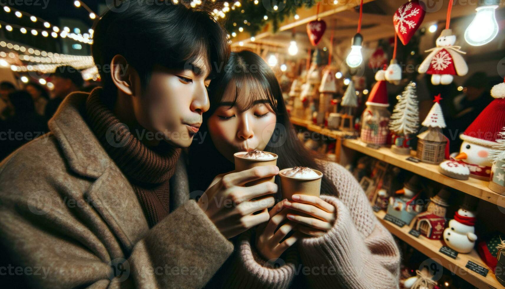 AI generated Photo capturing a close-up moment where a couple of Asian descent enjoys their hot cocoa, their breath visible in the chilly air.