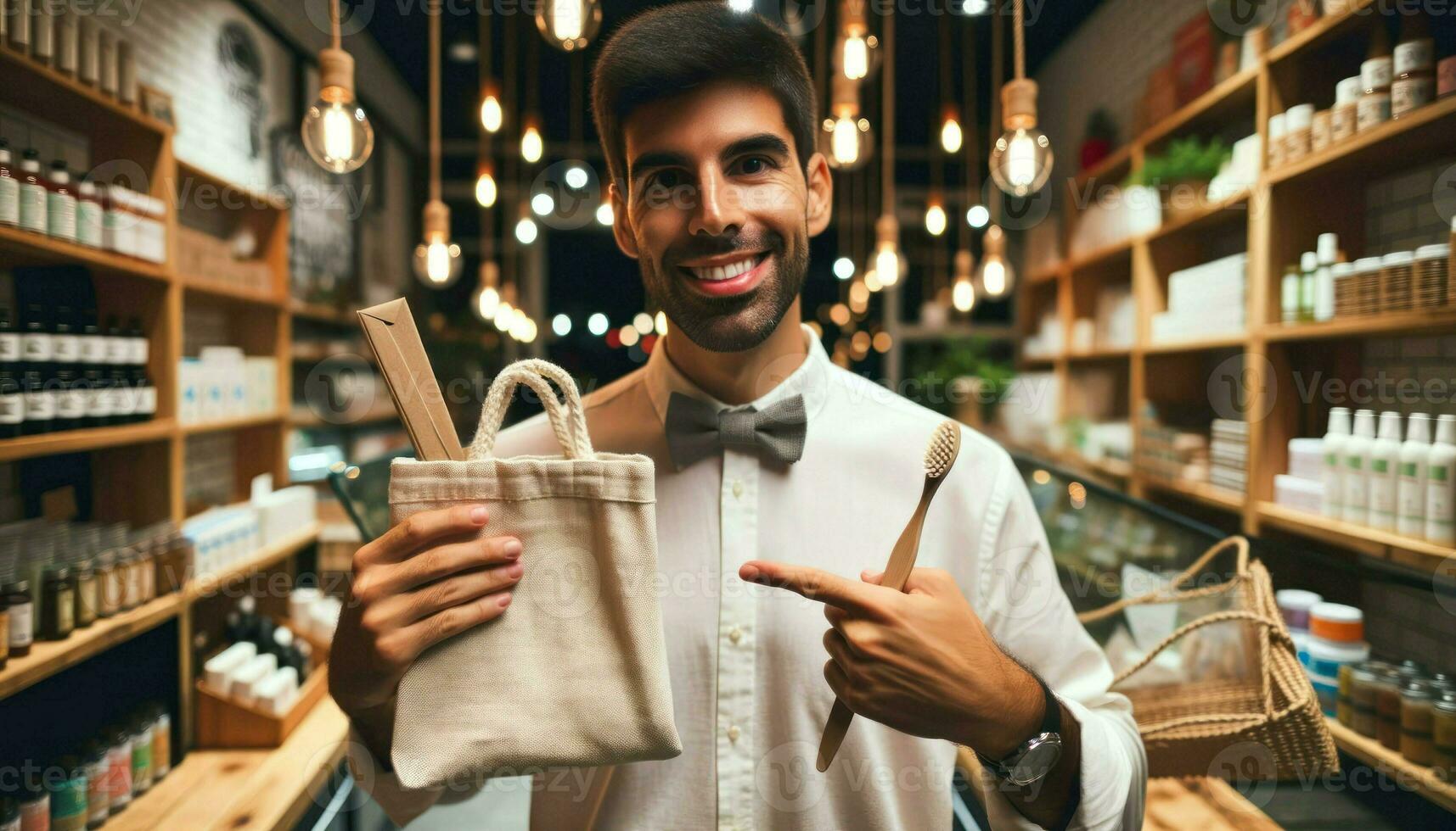 AI generated Photo capturing a business owner of Hispanic descent, male, in an indoor setting, proudly displaying products with reusable packaging.