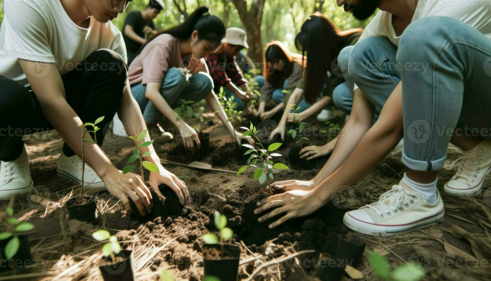 AI generated Close-up photo of a group of individuals of diverse descent, both male and female, actively planting trees in an area affected by deforestation.