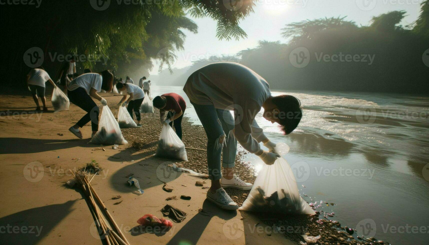 ai generado foto capturar un momento dónde voluntarios de asiático descendencia son doblar abajo, cosecha arriba residuos desde el orilla del río.