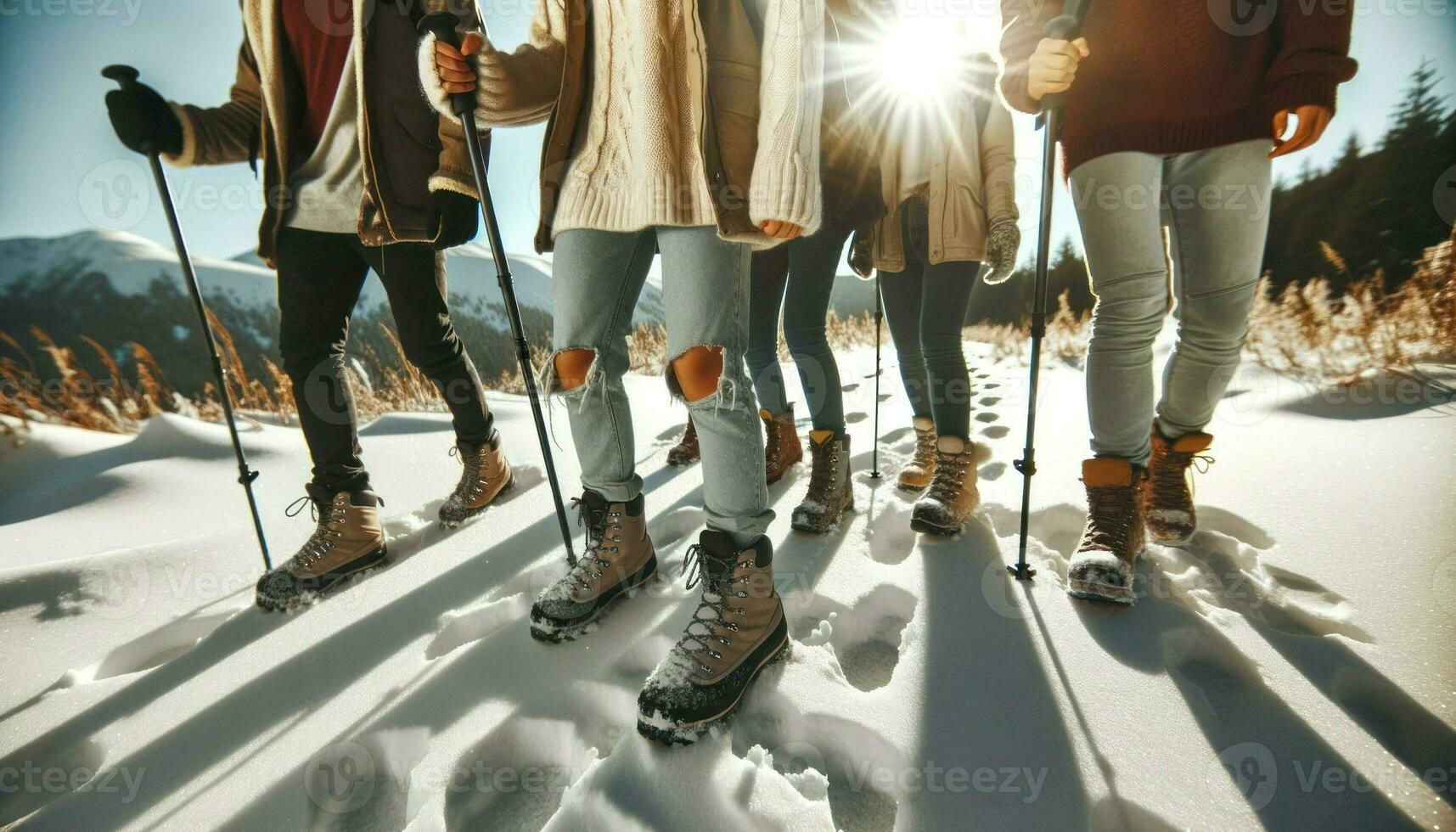 AI generated A photo that captures a close-up moment of a group of friends walking on a snowy road.