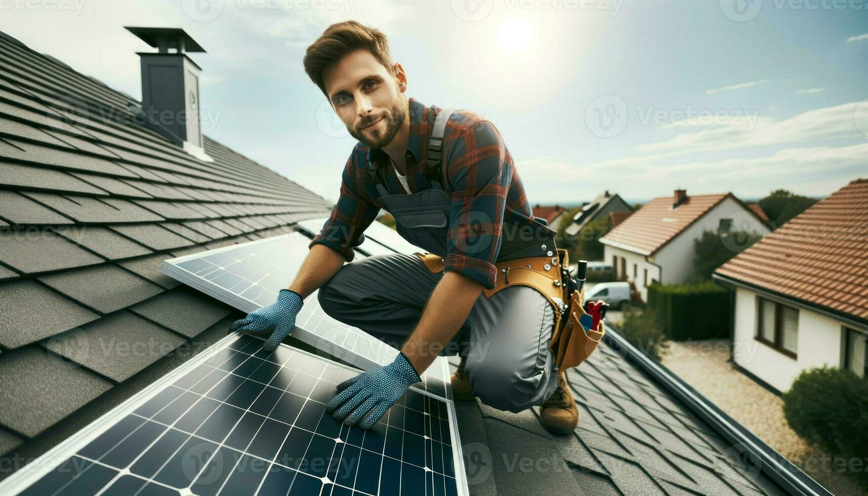 AI generated a technician on a residential rooftop, diligently installing solar panels. photo