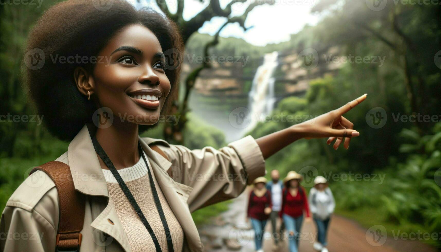 ai generado de cerca foto de un carismático excursión guía de africano descendencia, femenino, en un naturaleza reservar, señalando fuera un distante cascada a un grupo de turistas