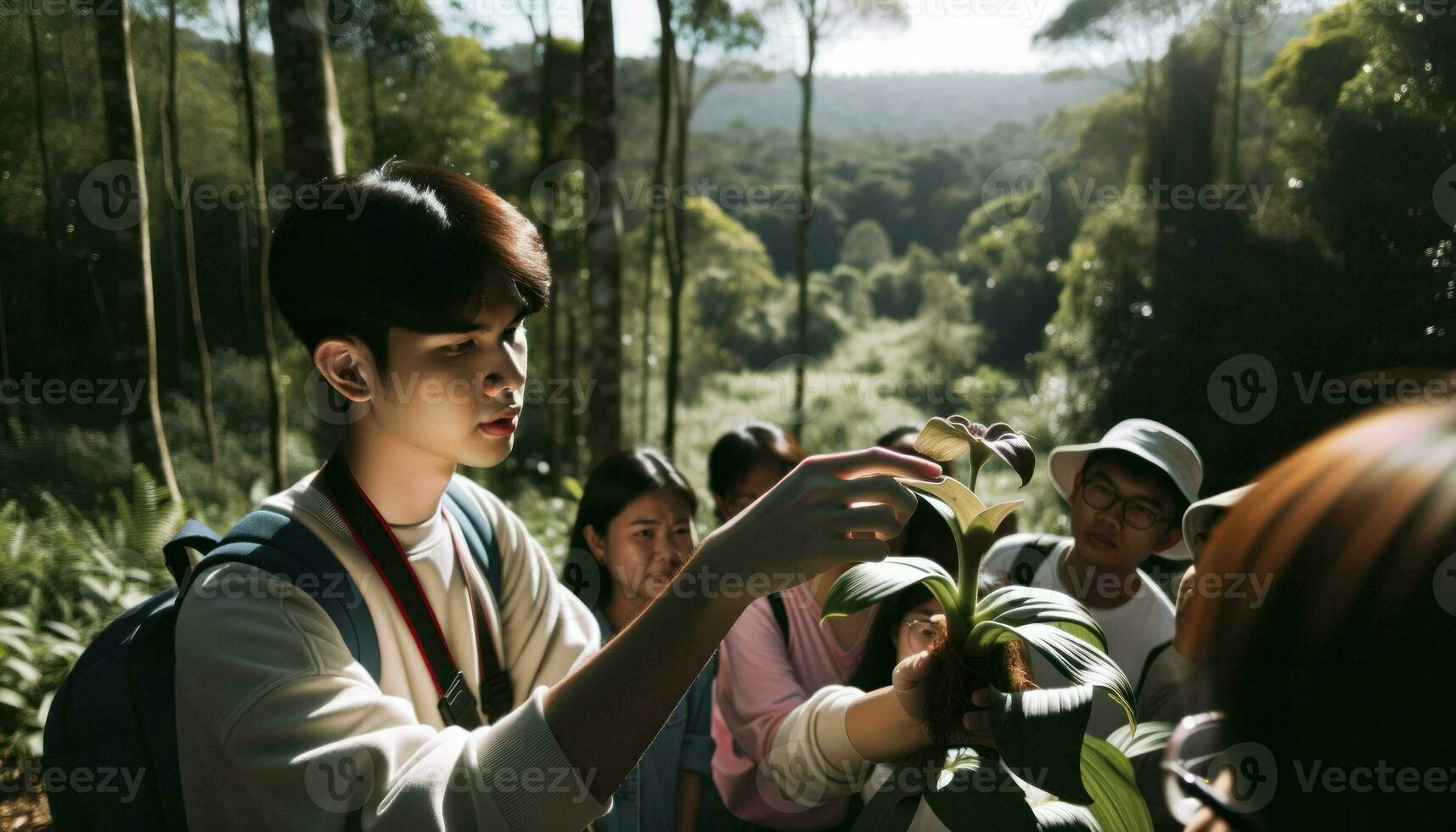 AI generated Photo capturing a close-up moment where a tour guide of Asian descent, male, is showing a particular plant to intrigued tourists in a nature reserve.