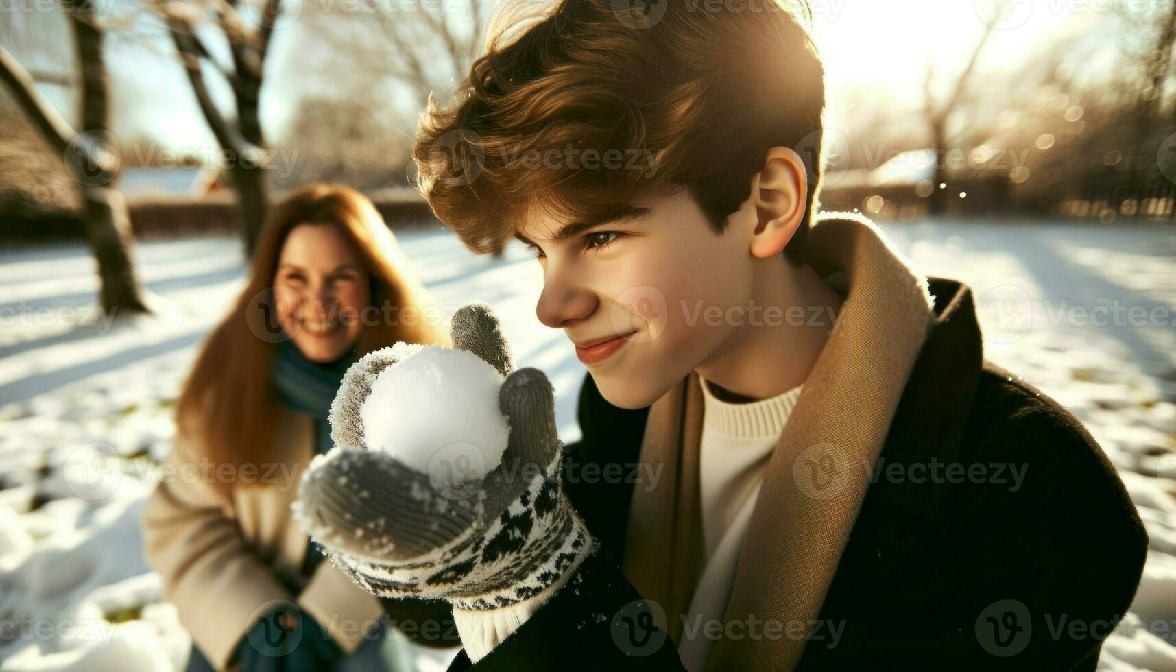 AI generated Photo of a family of Caucasian descent in a close-up shot, where a teenager is seen aiming a snowball at his younger sibling.