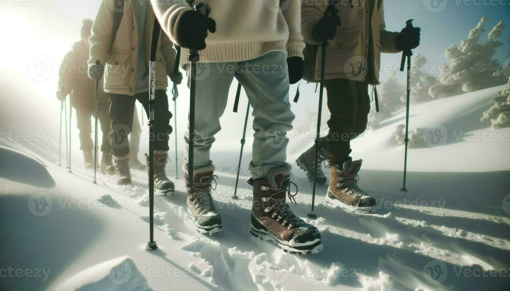 ai generado un foto ese capturas un de cerca momento de un grupo de amigos caminando en un Nevado la carretera.