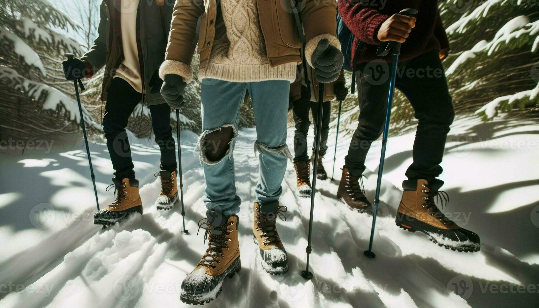 AI generated A photo that captures a close-up moment of a group of friends walking on a snowy road.