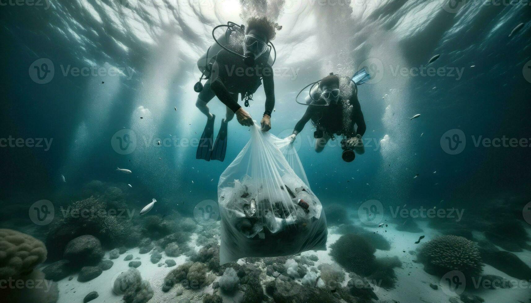 AI generated Wide close-up underwater shot of two divers diligently cleaning the ocean floor. photo