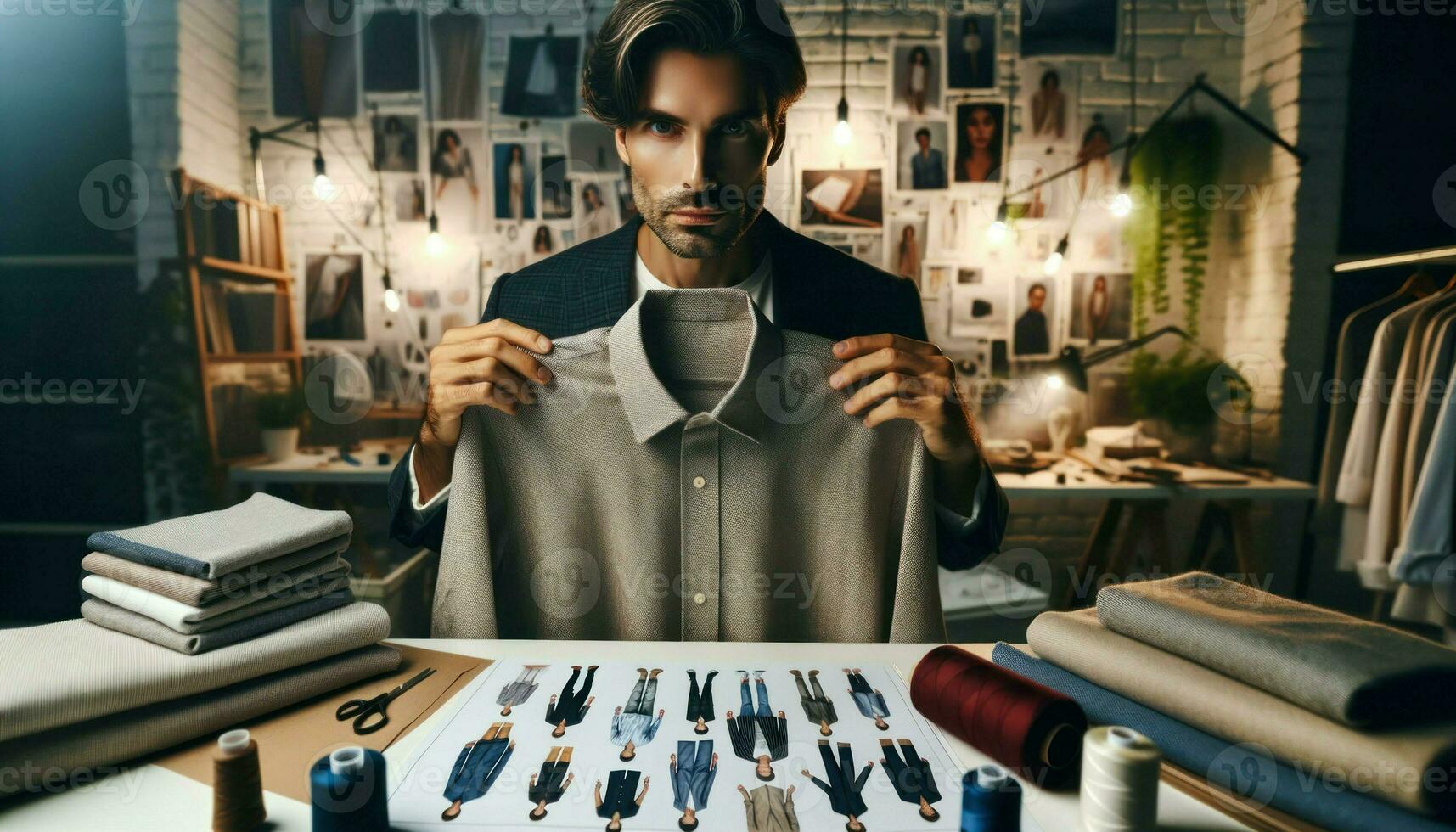 ai generado amplio de cerca Disparo de un Moda diseñador de europeo descendencia atentamente mostrando un camisa hecho desde reciclado telas en su artístico estudio. foto