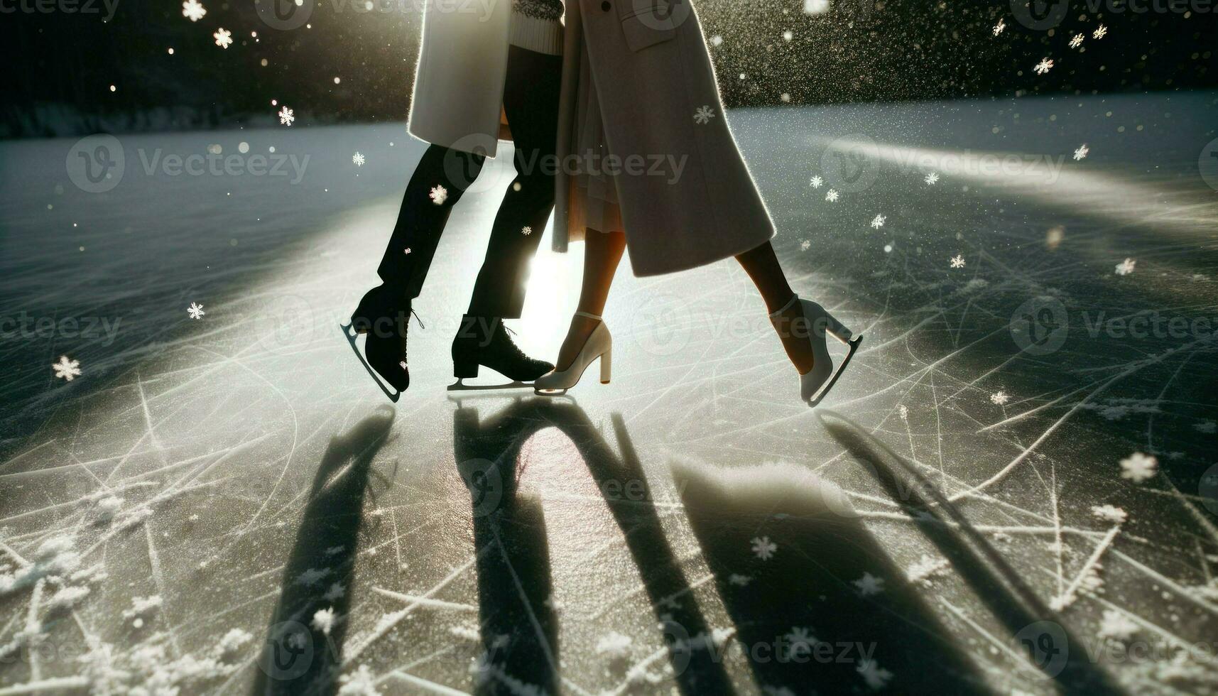 AI generated Close-up photo of two individuals of Hispanic descent, elegantly moving on the ice of a frozen pond.