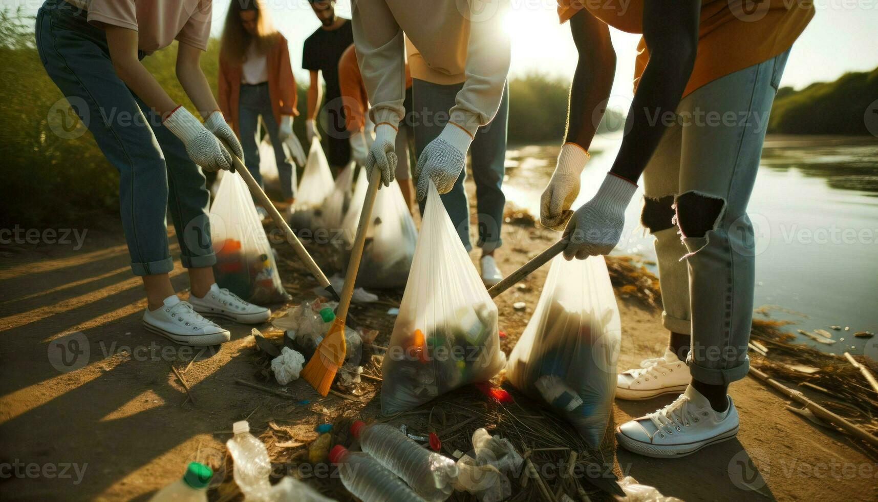 ai generado de cerca foto de un grupo de voluntarios de africano descendencia, trabajando juntos a limpiar arriba un orilla del río.