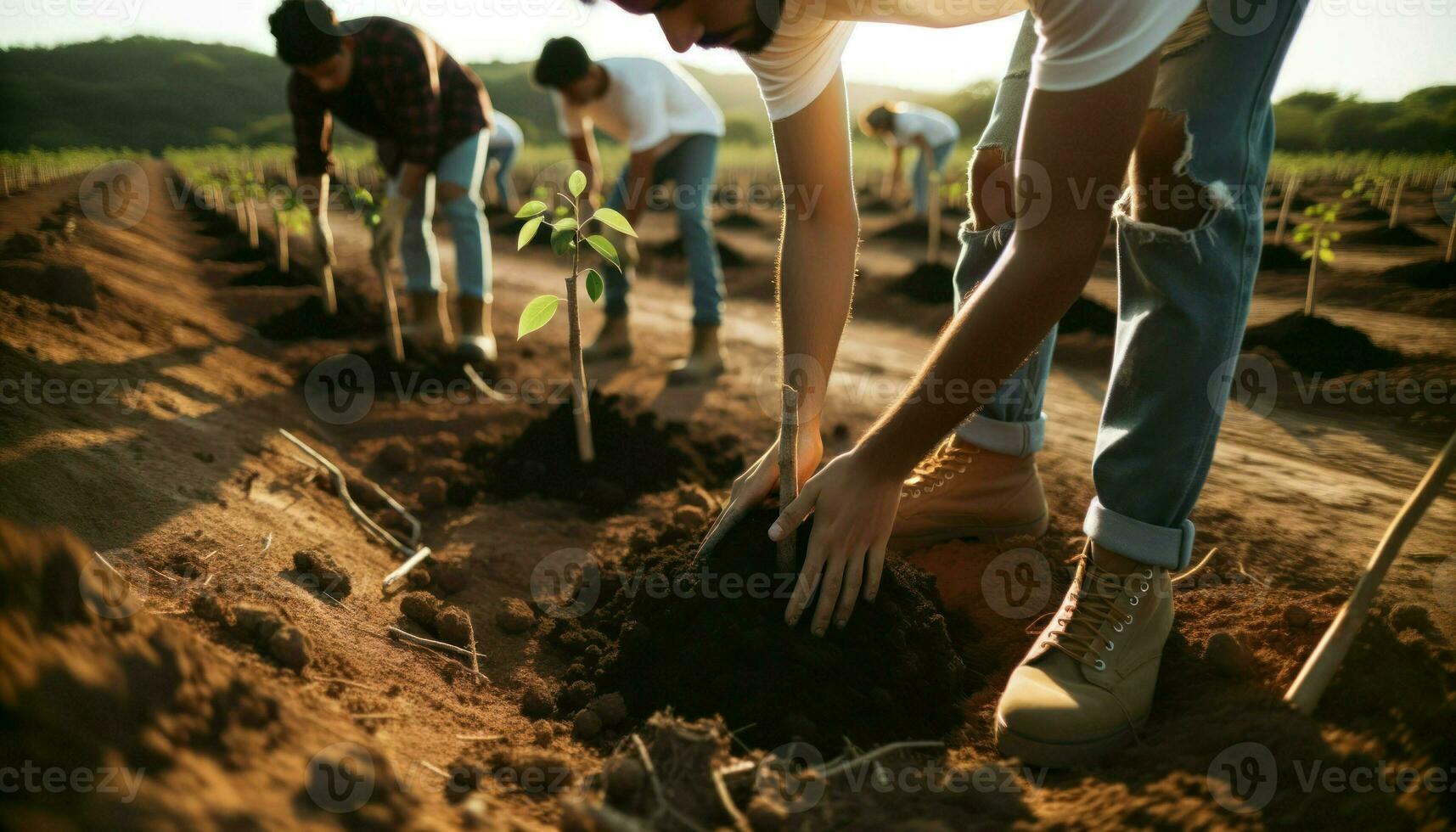 AI generated Close-up photo of a team of individuals of Hispanic descent, working diligently to plant trees in a barren land.