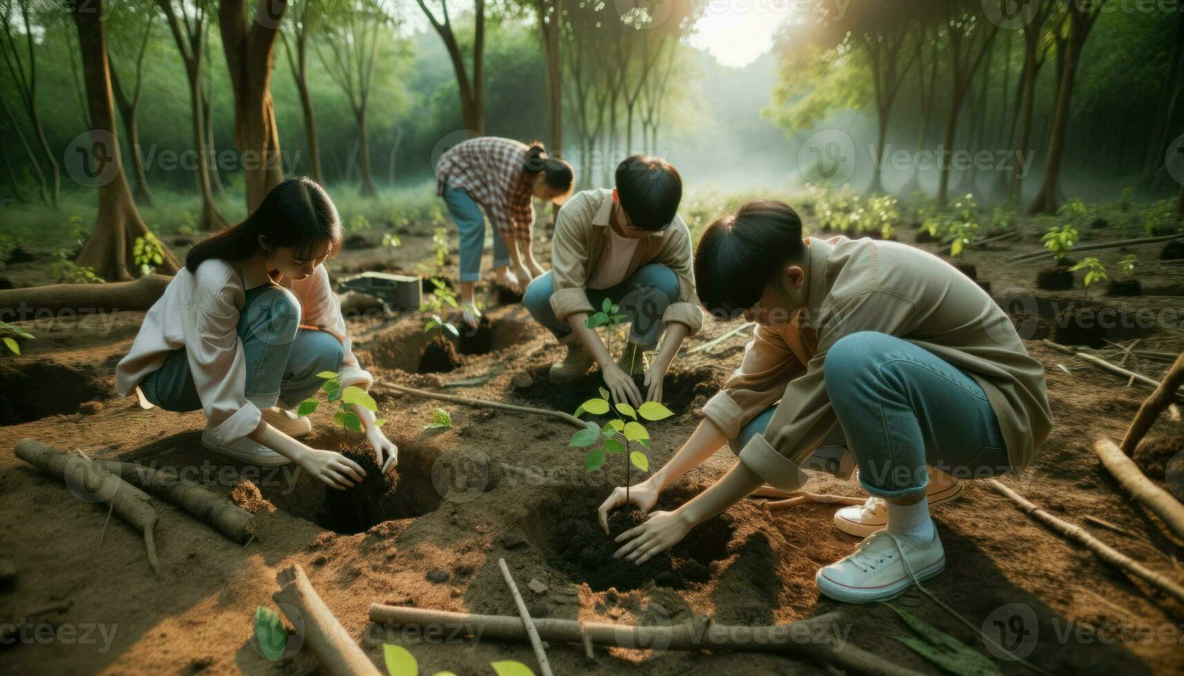 ai generado foto capturar un momento dónde individuos de asiático descendencia arrodillarse en el suelo, colocación joven plántulas dentro el suelo de un deforestado área.