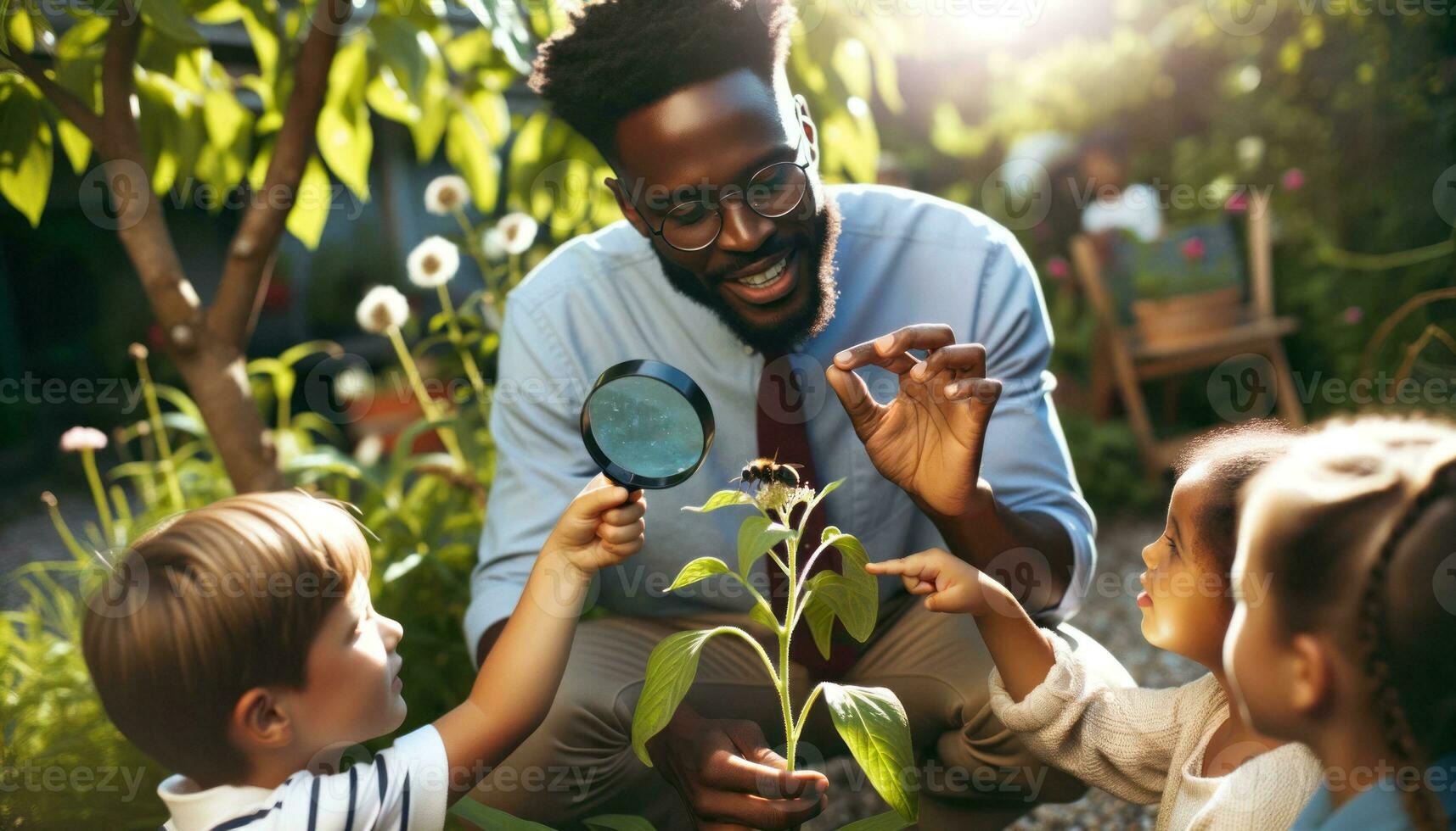 ai generado foto de un profesor de africano descendencia, masculino, atractivo con niños en un al aire libre jardín ajuste.