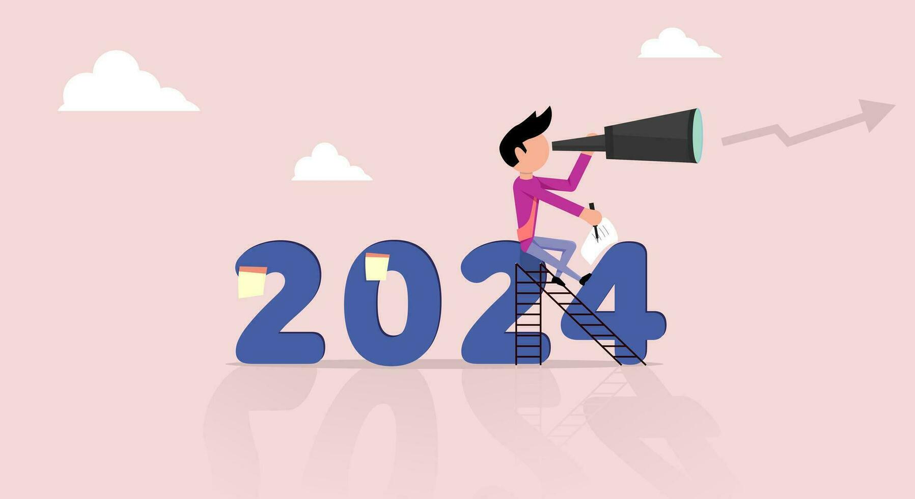 Businessman hope 2024 outlook plan. Flat design character holding a telescope looking at the prospect of achieving goals vector