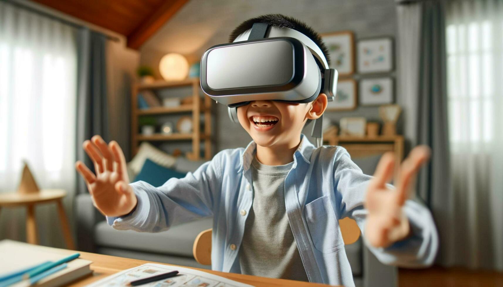 AI generated online education asian Young Boy wearing VR Headset with Living Room Background AI Generative photo