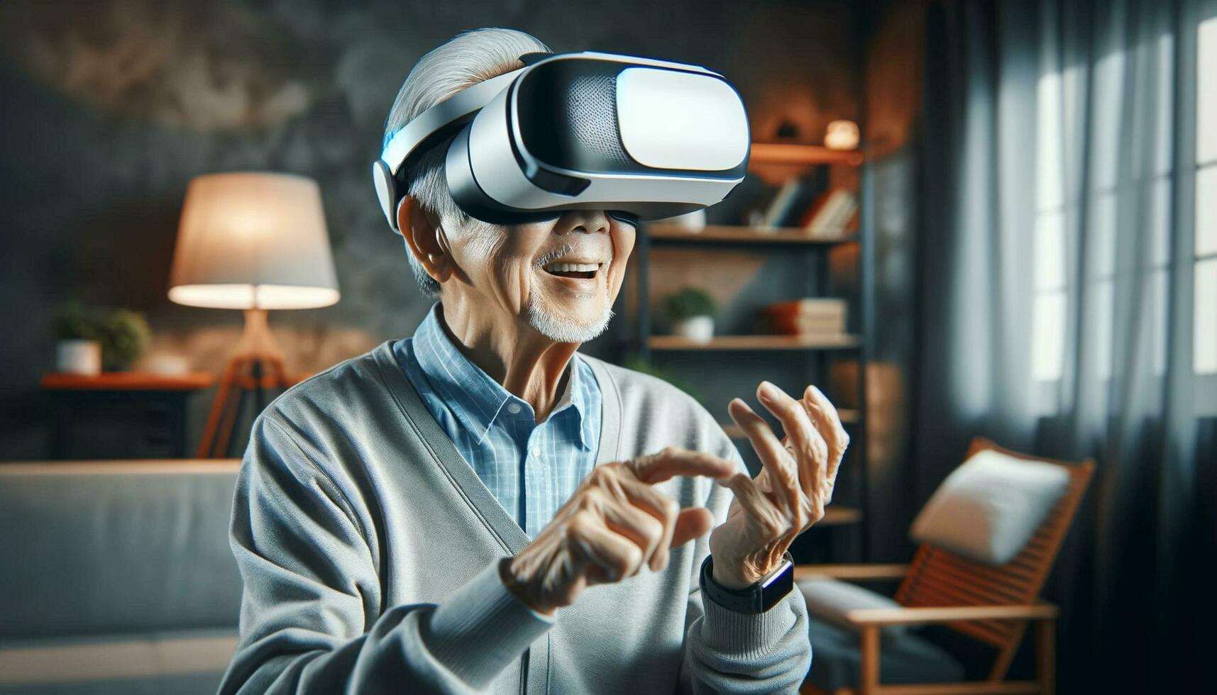 AI generated online education asian Senior Man wearing VR Headset with Living Room Background AI Generative photo