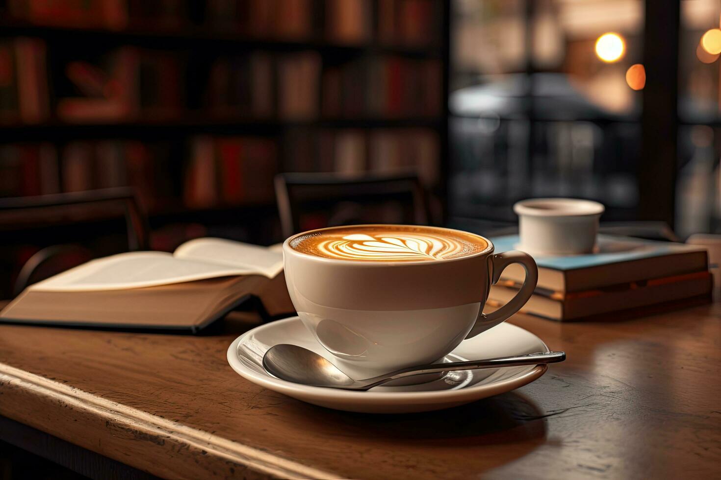 AI generated Cup of coffee while at book store  ,Generative AI photo