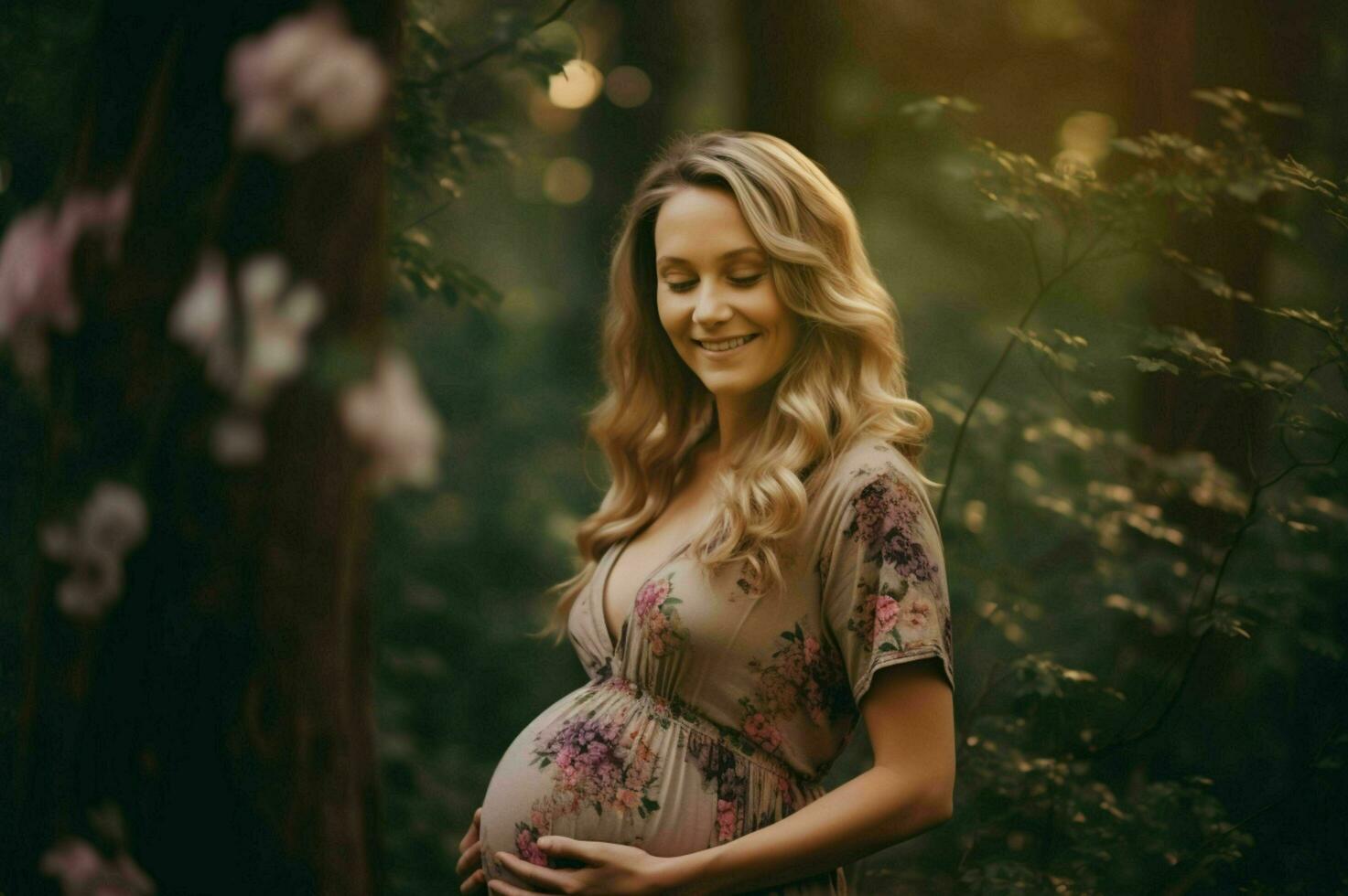 ai generado embarazada mujer contento a su creciente barriga. foto