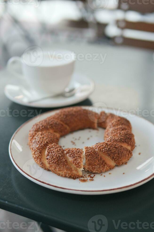 Turkish Bagel Simit on table photo