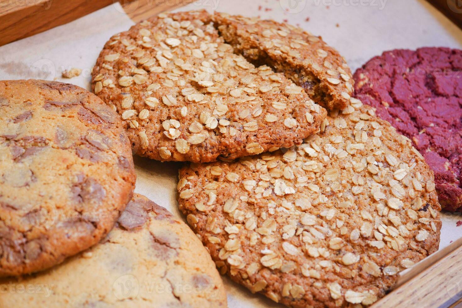 Many different cookies on trays display bakery cafe photo