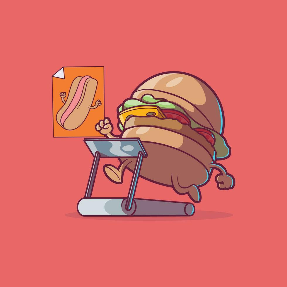 Burger running on a treadmill looking at a poster vector illustration. Food, health, funny design concept.