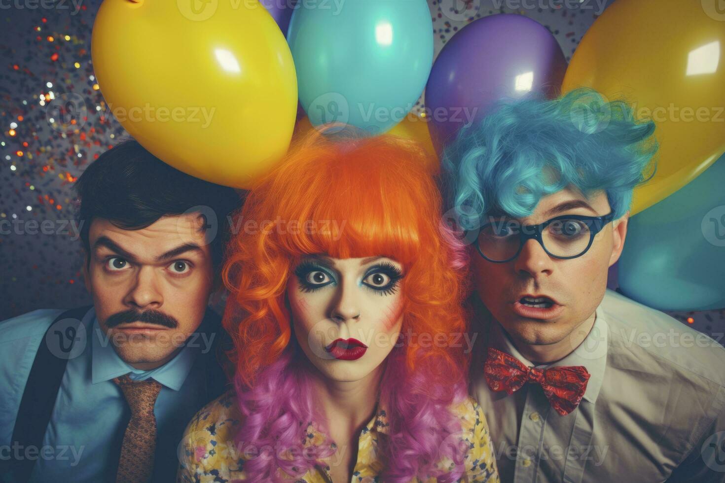 AI generated people in colorful wigs dressed for party with balloons and confetti. generative ai photo