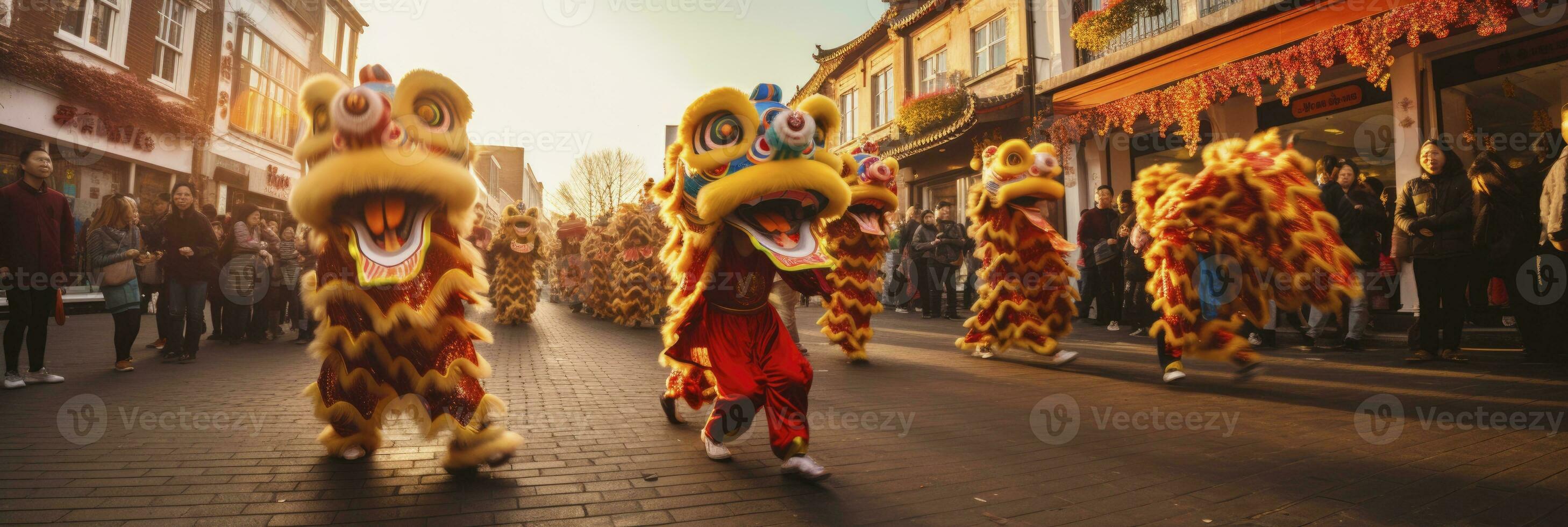 ai generado un grupo de personas con león atuendo caminando abajo un calle. generativo ai foto