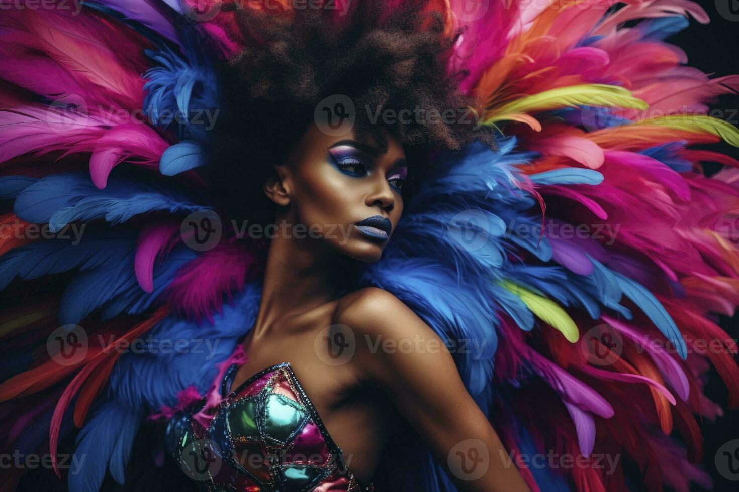AI generated colorful carnival girl in feather costume. generative ai photo