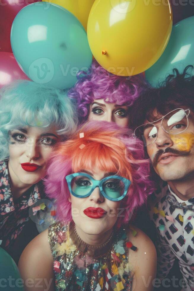 AI generated people in colorful wigs dressed for party with balloons and confetti. generative ai photo