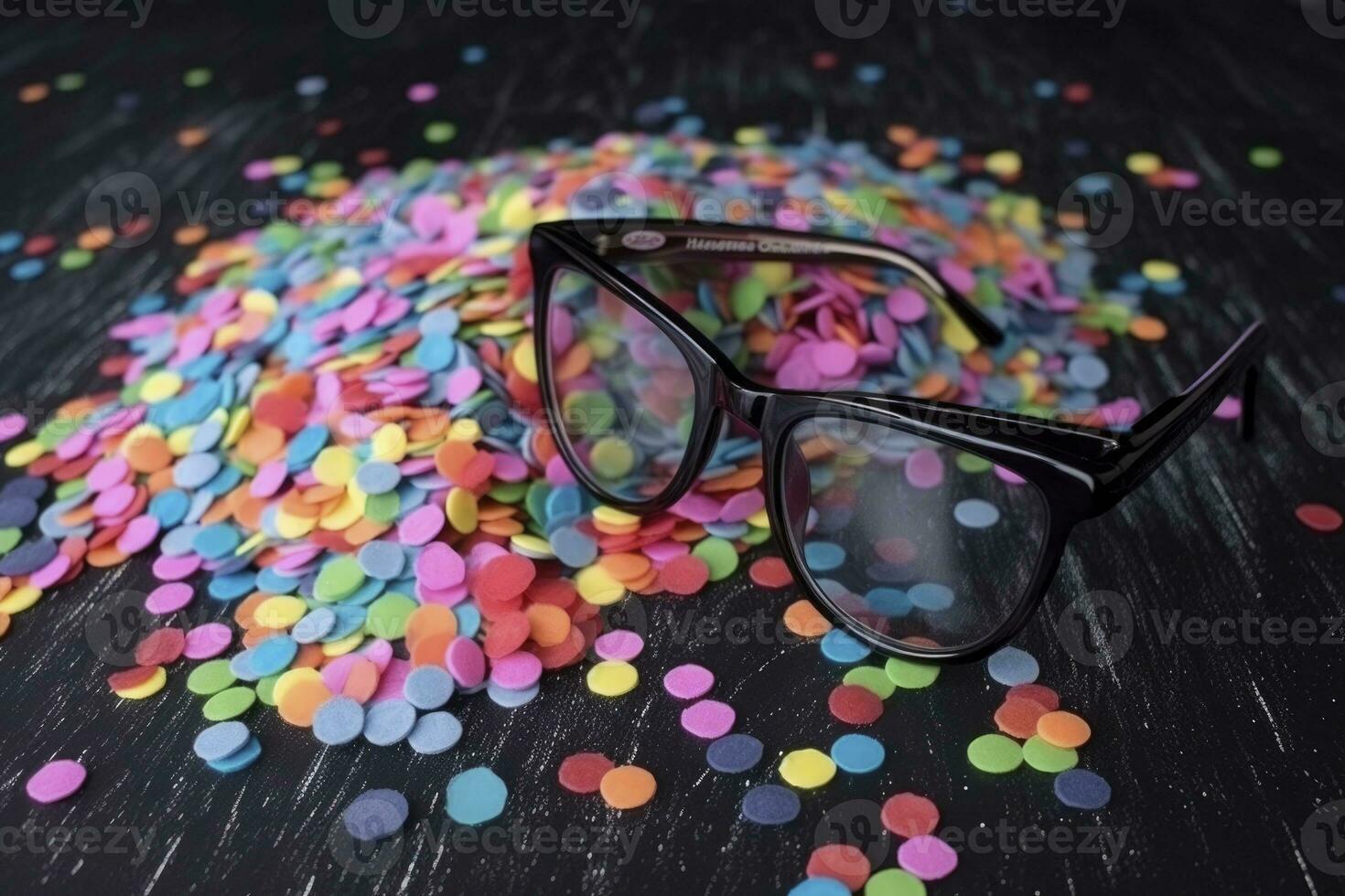 AI generated clown hat, glasses and confetti on a black square background. generative ai photo