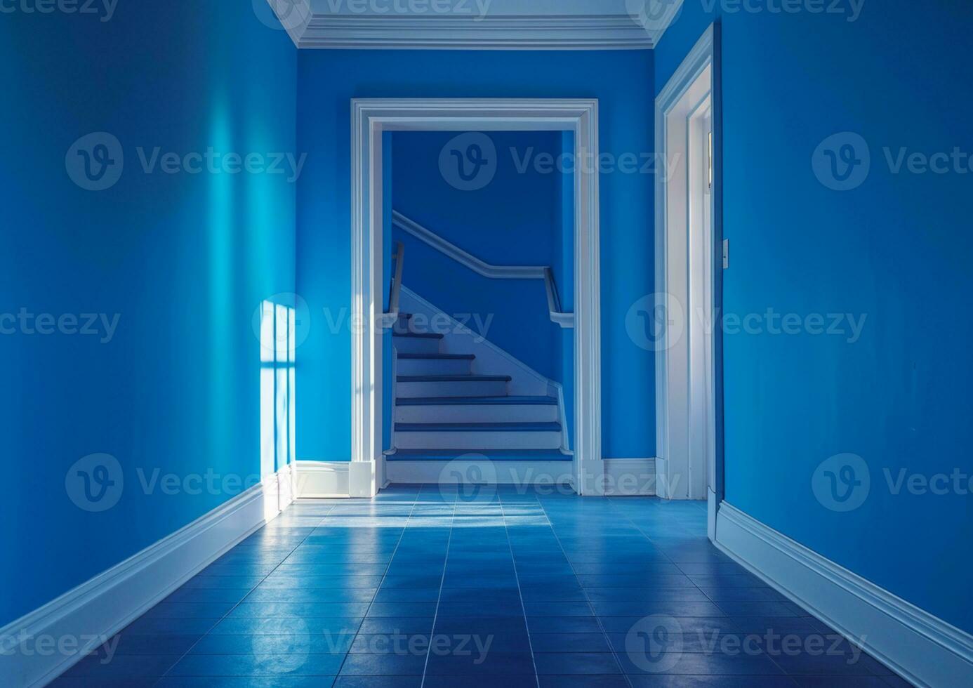 ai generado vacío Maestro dormitorio con ligero azul pared foto