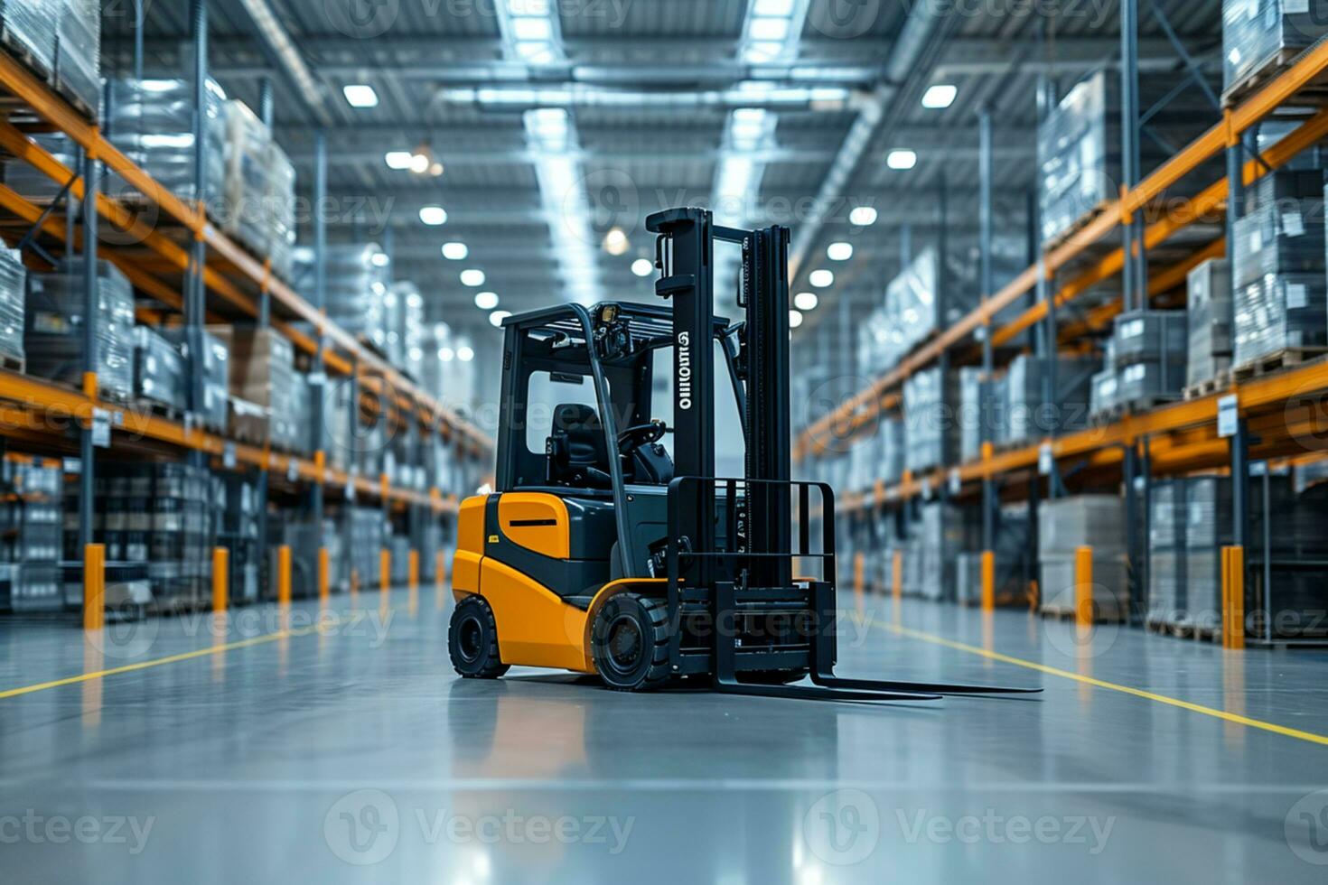 AI generated forklift in the middle of a warehouse industrial concept photo